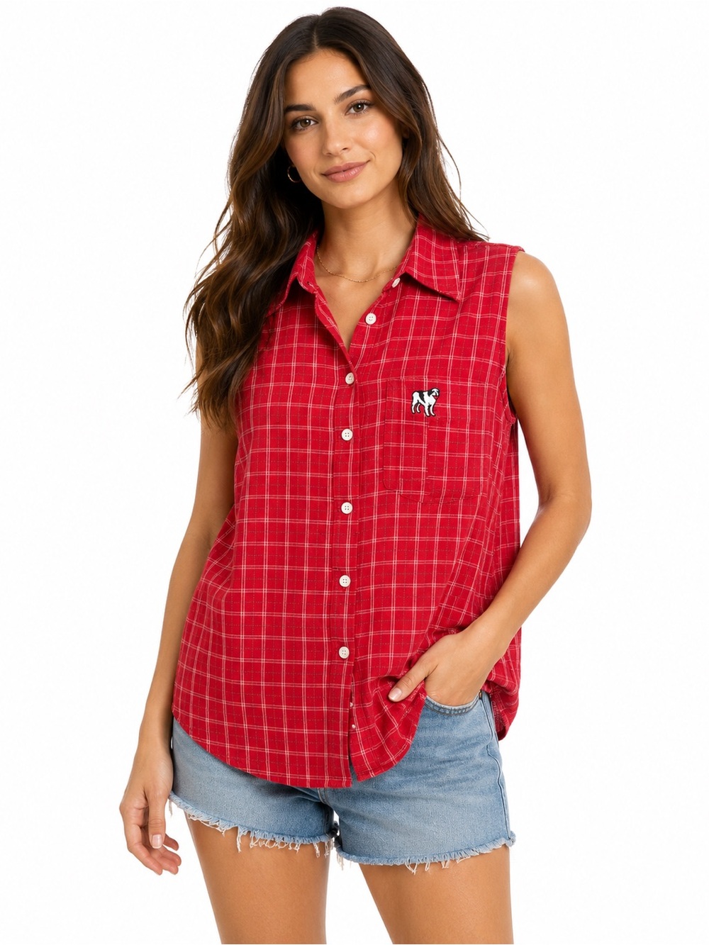 Big Dogs Vintage Red Plaid Sleeveless Button Down Shirt XL Embroidered Logo